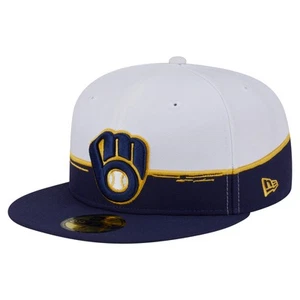 Men's New Era  Navy/White Milwaukee Brewers Paint Stroke 59FIFTY-Fitted Hat - Picture 1 of 5