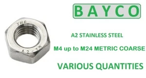 FULL NUT STAINLESS M4-M5-M6-M8-M10-M12-M14-M16-M18-M20-M22-M24 VARIOUS QTYS. - Picture 1 of 8