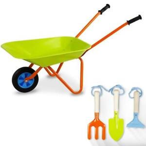 Kids Metal Wheelbarrow & 3 Piece Mini Garden Tool Set Rake Trowel Fork Toy Gift
