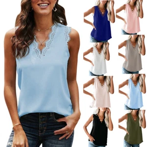 Ladies Sexy V-neck Top with Lace Sleeveless Tank Ladies Summer Vest Casual Loose - Picture 1 of 20