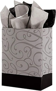 "100 bolsas de papel mercancía de regalo de compras negro plateado remolino 8 1/4"" x 4 3/4"" x 10 1/2"""  - Imagen 1 de 3