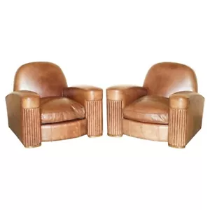 STUNNING PAIR OF ORIGINAL ART DECO HERITAGE BROWN LEATHER CIRCA 1920'S ARMCHAIRS - Picture 1 of 15