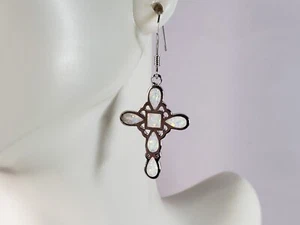 Womens Estate Sterling Silver Opal Cross Earrings 4.2g E6418 - Picture 1 of 4