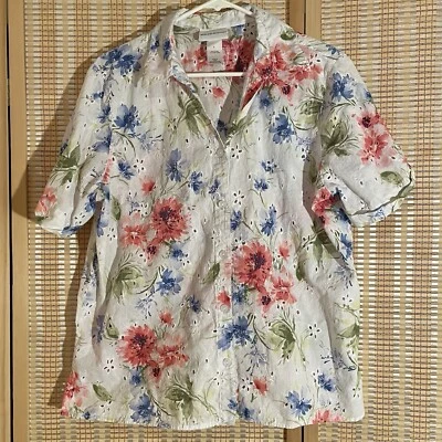 Alfred Dunner Womens L Floral Short Sleeve Button Blouse Fairycore Cottagecore - Image 1 of 4