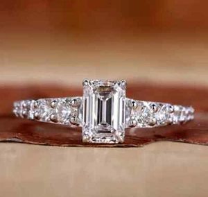 2Ct Emerald Cut Simulated Diamond Women's Engagement Ring 14k White Gold Plated - Picture 1 of 6
