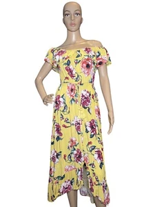 BAND OF GYPSIES Maxikleid gelb Blumen schulterfrei Rüschen hoher niedriger Saum Small - Bild 1 von 10