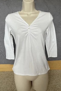 Saks Fifth Avenue Knit Cotton Stretch Basic V-neck Top Shirt P White - Picture 1 of 7
