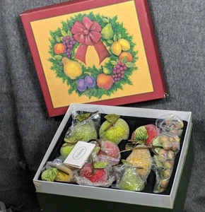Valerie Parr Hill Sugar Beaded Frosted Fruit 24 Ornaments in Box Ribbon QVC - Picture 1 of 11