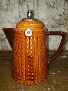handsome cowboy style ceramic teapot/coffee pot with silvertone accents - Picture 1 of 10
