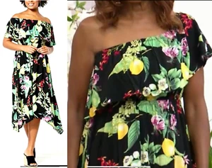 NEW G Giuliana PLUS SZ 1X  Off-the-Shoulder Woven Dobby Midi Dress BLACK FLORAL - Picture 1 of 10