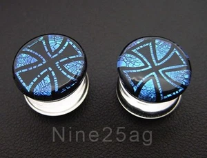 PAIR OF Dichro Pyrex GLASS 000G 7/16" CROSS plugs Body Jewelry 12MM - Picture 1 of 1