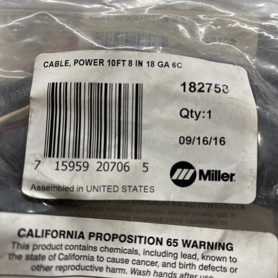 Cable de alimentación Miller 182758 10 pies 8 pulgadas 18Ga 6C Foto 1 de 1