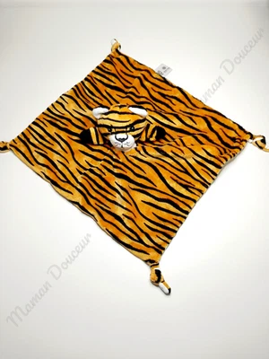 Doudou Plat Carré Tigre Orange Noir Rayé Blanc Gris Etoile Nœud Petjes World Aps - Photo 1/4