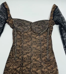 LaQuan Smith XS Langarm Spitze Minikleid schwarz nude Netz U-Ausschnitt Rücken Bustier - Bild 1 von 10
