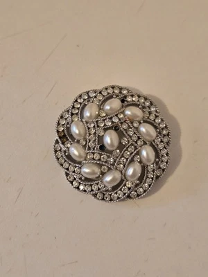 Vintage Crown Trifari Silver Tone Rhinestones Faux Pearls Round Brooch - Image 1 of 4