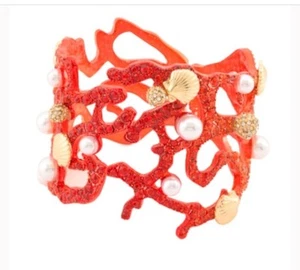 Betsey Johnson Crystal Red Coral Pearl Seashell Hinge Bracelet Reef Hinge Cuff - Picture 1 of 12