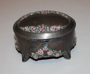 Round Floral Footed Metal Trinket Box Jewelry 5 x 4 x 3 Hinged Top Velvet Lined - Picture 1 of 8