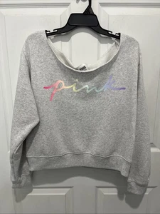 ROSA Victoria's Secret Mujer Sudadera XL Gris Logo Hombro Frío Vellón - Imagen 1 de 7