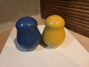 Vintage Salt & Pepper Shakers Blue & Yellow/Plastic Stoppers - Picture 1 of 4