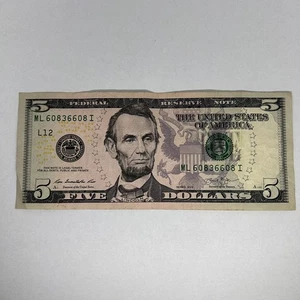 Crisp $5 (Five) Dollar Bill Note USD 2013-Serial ML60836608I-San Francisco L12 - Picture 1 of 2