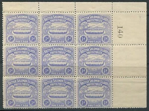 Solomon Islands 1907 SG1 Natives in Canoe corner block of 9 imprint MNH - Picture 1 of 1
