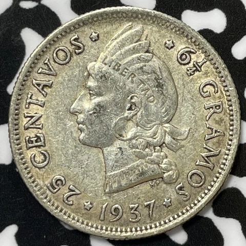 1937 Dominican Republic 25 Centavos Lot#M4588 Silver! Cover
