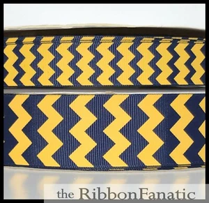 3 yds 3/8 7/8" or 1.5" Navy Blue Yellow Gold Michigan Chevron Grosgrain Ribbon - Picture 1 of 1
