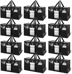 Extra Large Moving Bags, 12 Pack Black Heavy Duty Totes for Storage with Visible - Picture 1 of 12