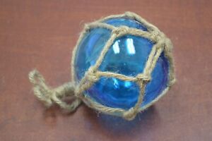 REPRODUCTION BLUE GLASS FLOAT BALL BUOY WITH FISHING NET 4" #F-503