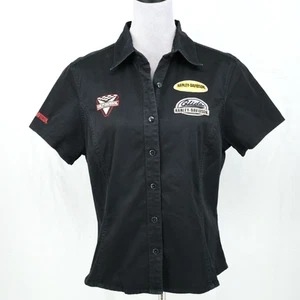 Harley Davidson Top Womens Large Black Stretch Cotton Twill Crop Shirt Vintage - Picture 1 of 16