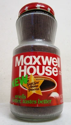 老式 NOS MAXWELL HOUSE 即时咖啡 6 盎司。 玻璃罐未开封杂货店 — 第 1/4 张图片