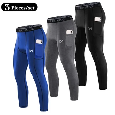 3 Pack Men's Compression Pants Baselayer Running Tights Leggings for Sports Gym - Image 1 of 4