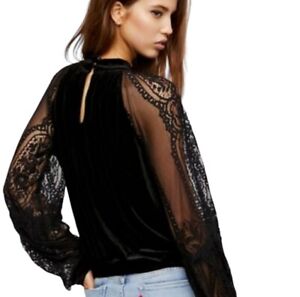 Free People Dream Team Top Blouse Black Velvet Lace Size Small $98 NWOT