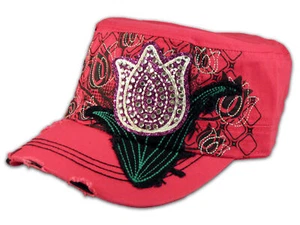 Purple Rose Bud on Pink Cadet Cap Military Hat Distressed Visor - Picture 1 of 4