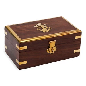 14x8x6.5cm Natural Wooden Box with Brass Decorated Wooden Box Maritime Decoration Gift - Picture 1 of 2