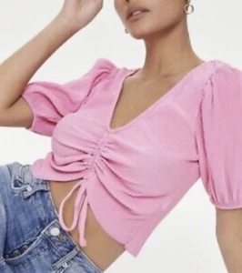 Zara Crop Top Puff Sleeve Size Small Rouched Tie Front Crinkle Barbiecore - Picture 1 of 11