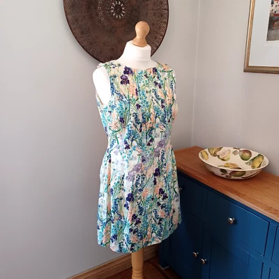 Coast Cream Lilac Peach Floral Cotton Dress Fits 12 Stretch Feminine Sleeveless - Image 1 of 4