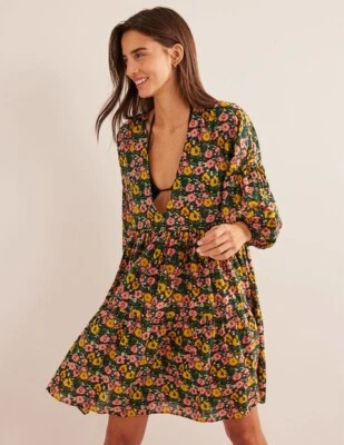 BODEN Emerald Floral Poppy Abstract Print Relaxed Tiered Beach Cover-Up Dress 10 - Image 1 of 4