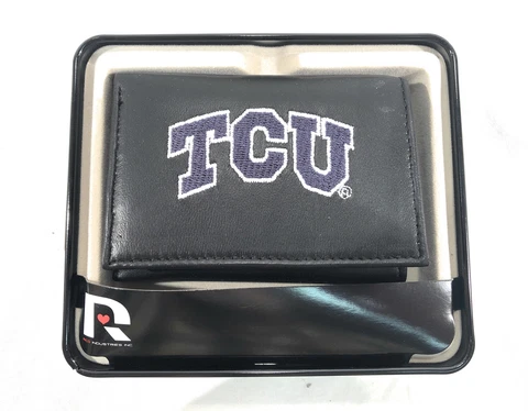 TCU Texas Christian Horned Frogs Embroidered Black Leather Trifold Wallet Cover