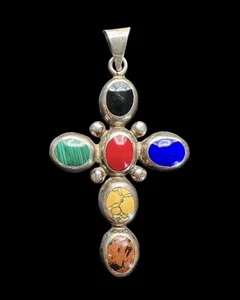 Vintage großer Sterlingsilber Mexiko mehrfarbiger Edelstein Kreuz Anhänger 3" - Bild 1 von 6