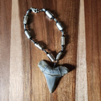 Megalodon Shark Tooth Mens Bracelet Handmade Glass Beaded Fossil Jewelry - Image 1 of 4