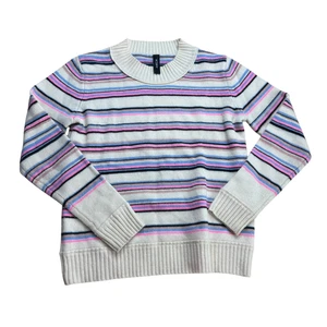 Marc Cain Sweater Size 2 White Multi Wool Blend Striped Crew Neck Knit - Bild 1 von 6