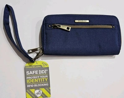 Carteira Travelon azul marinho RFID com zíper e alça de pulso nova - Imagem 1 de 4