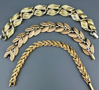 Винтажный дизайнерский подписанный лист ссылка браслет лот из 3 золотистый Trifari Lisner - Изображение 1 из 4