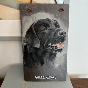 Slate Black Lab Dog Welcome Sign Original Hand Painted Art Cynthia Valesio 12x7” - Imagen 1 de 4