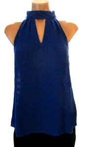 New Lily White Medium Blue Sleeveless chiffon halter keyhole tank top blouse - Picture 1 of 4
