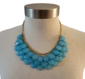 Statement Necklace Aqua Blue Octagon Beaded 18" Goldtone Chain - Picture 1 of 4
