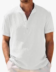Men’s Casual Henley Shirt Band Collar Short Sleeve White NWT white Size Xl - Picture 1 of 6