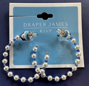 DRAPER JAMES RSVP GOLD TONE SIMULATED PEARL/BLUE BEAD LG HOOP NICKLE-FREE EARRIN - Picture 1 of 8