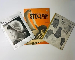 Vintage Knitting Patterns Gloves Socks Hats Stockings Mid Century LOT X 3 - Picture 1 of 16